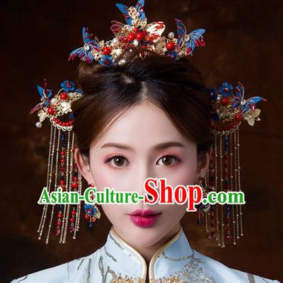 Chinese Ancient Wedding Blue Butterfly Hair Accessories Bride Tassel Hairpins Headwear for Women