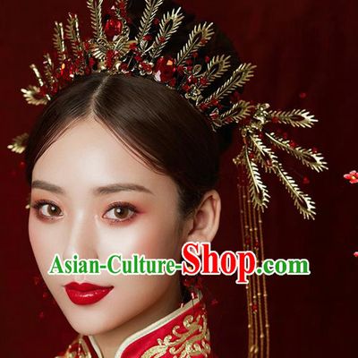 Chinese Ancient Wedding Hair Accessories Bride Golden Phoenix Coronet Tassel Hairpins Headwear for Women