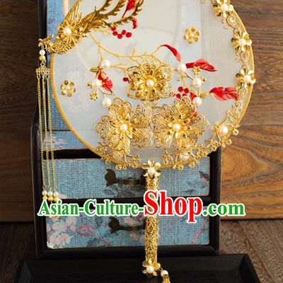 Chinese Ancient Wedding Accessories Bride Palace Fans Phoenix Tassel Round Fan for Women