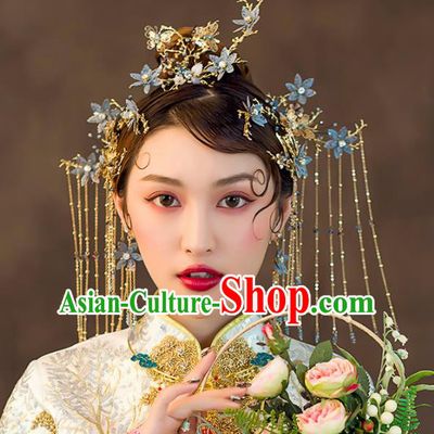 Chinese Ancient Wedding Hair Accessories Bride Blue Flowers Phoenix Coronet Hairpins Headwear for Women