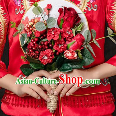 Chinese Ancient Wedding Accessories Bride Handmade Red Rose Palace Fans Round Fans for Women