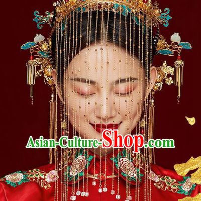 Chinese Ancient Palace Bride Blueing Phoenix Coronet Wedding Hair Accessories Tassel Hairpins Headwear for Women