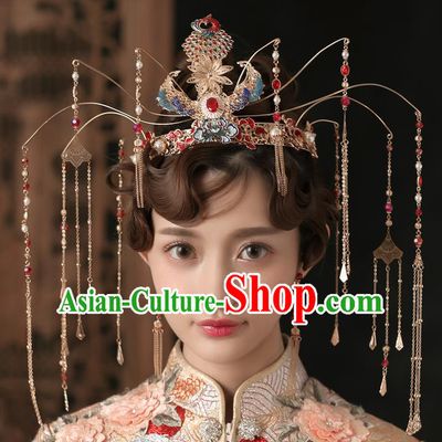 Chinese Ancient Bride Luxurious Phoenix Coronet Wedding Hair Accessories Palace Tassel Hairpins Headwear for Women