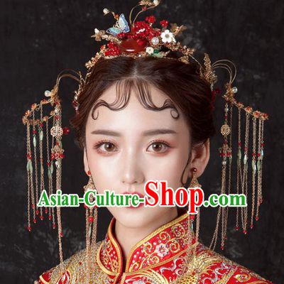 Chinese Ancient Palace Bride Hair Accessories Wedding Agate Phoenix Coronet Hairpins Headwear for Women