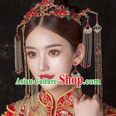 Chinese Ancient Palace Bride Hair Accessories Wedding Red Grape Phoenix Coronet Hairpins Headwear for Women