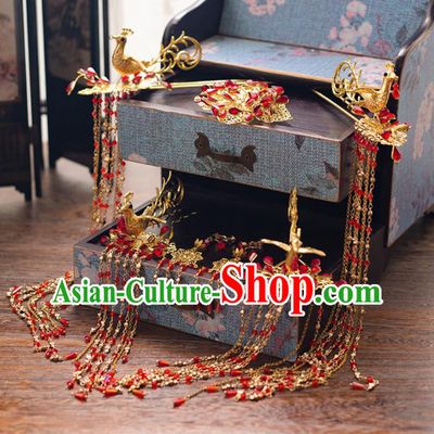 Chinese Ancient Palace Bride Hair Accessories Tassel Hair Clips Phoenix Hairpins Headwear for Women