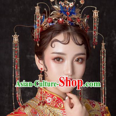 Chinese Ancient Palace Bride Hair Accessories Blueing Cranes Phoenix Coronet Hairpins Headwear for Women