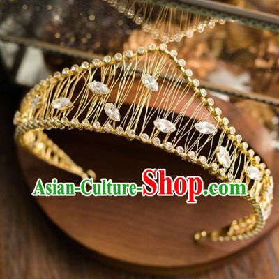 Top Grade Handmade Wedding Hair Accessories Bride Princess Golden Royal Crown Headwear for Women