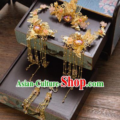 Chinese Ancient Palace Bride Hair Accessories Hanfu Golden Hair Comb Hairpins Headwear for Women