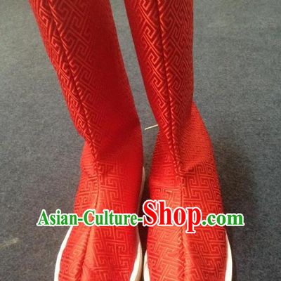 Chinese Traditional Shoes Ancient Emperor Beijing Opera Red Boots Hanfu Satin Boots for Men