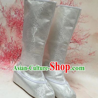 Chinese Traditional Shoes Ancient Emperor Beijing Opera White Boots Hanfu Satin Boots for Men