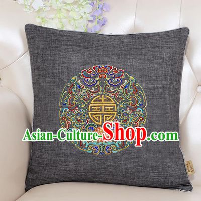 Chinese Classical Household Ornament Traditional Handmade Embroidered Grey Linen Cushion