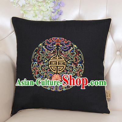 Chinese Classical Household Ornament Traditional Handmade Embroidered Black Linen Cushion
