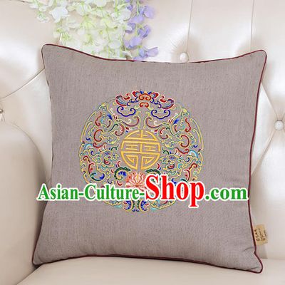 Chinese Classical Household Ornament Traditional Handmade Embroidered Khaki Linen Cushion