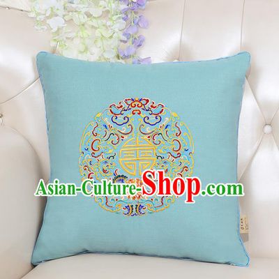 Chinese Classical Household Ornament Traditional Handmade Embroidered Blue Linen Cushion