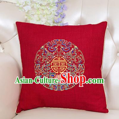 Chinese Classical Household Ornament Traditional Handmade Embroidered Red Linen Cushion