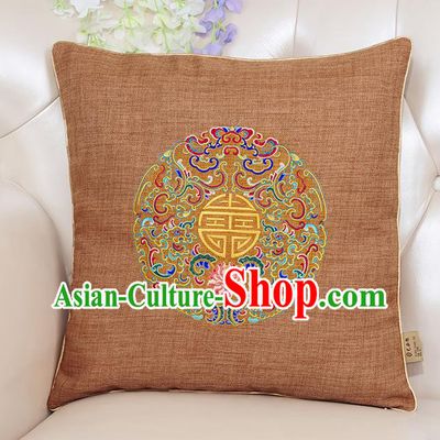 Chinese Classical Household Ornament Traditional Handmade Embroidered Earthy Yellow Linen Cushion