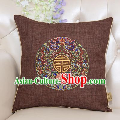 Chinese Classical Household Ornament Traditional Handmade Embroidered Brown Linen Cushion