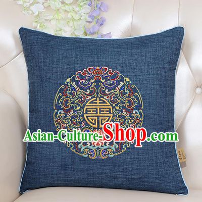 Chinese Classical Household Ornament Traditional Handmade Embroidered Navy Linen Cushion