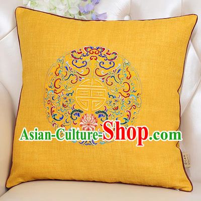 Chinese Classical Household Ornament Traditional Handmade Embroidered Yellow Linen Cushion