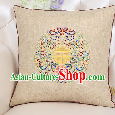 Chinese Classical Household Ornament Traditional Handmade Embroidered Beige Linen Cushion