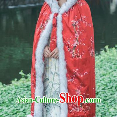 Chinese Traditional Costumes National Tang Suit Red Cotton Wadded Cloak for Women