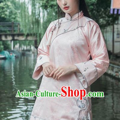 Chinese Traditional Costumes National Upper Outer Garment Pink Silk Qipao Blouse for Women