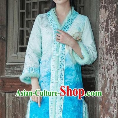 Chinese Traditional Costumes National Upper Outer Garment Blue Silk Qipao Coat for Women