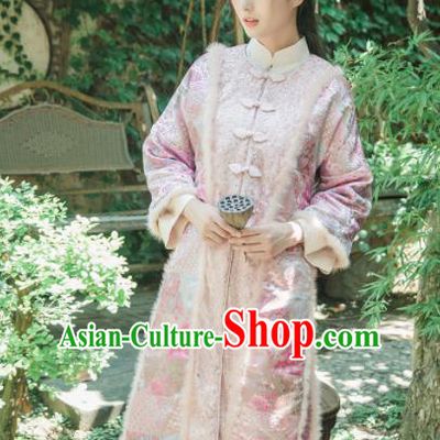 Chinese Traditional Costumes National Upper Outer Garment Pink Silk Qipao Coat for Women
