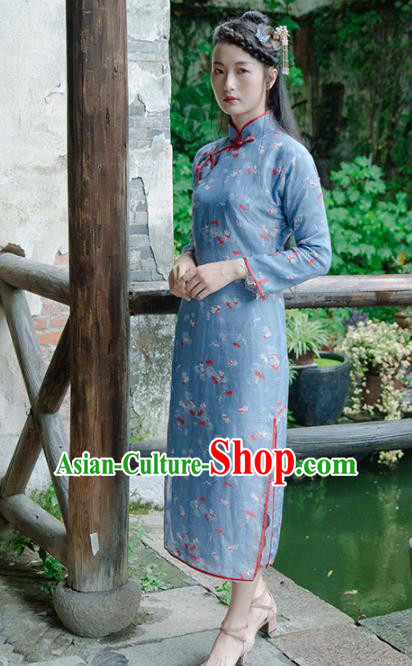 Chinese Traditional Costumes National Blue Qipao Dress Classical Cheongsam for Women Chinese Traditional Costumes National Blue Qipao Dress Classical Cheongsam for Women