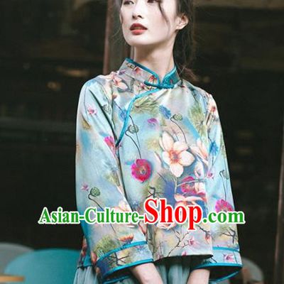 Chinese Traditional Costumes National Tang Suit Printing Green Silk Blouse Qipao Upper Outer Garment for Women
