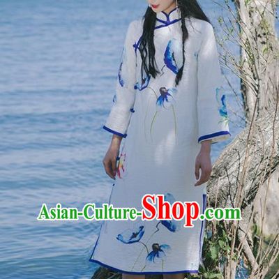 Chinese Traditional Costumes National White Qipao Dress Tang Suit Cheongsam for Women