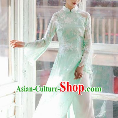 Chinese Traditional Costumes National Green Veil Qipao Dress Tang Suit Cheongsam for Women
