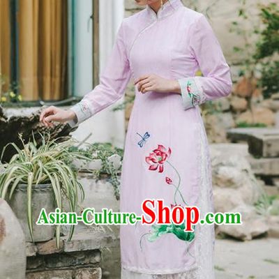 Chinese Traditional Costumes National Embroidered Pink Qipao Dress Tang Suit Cheongsam for Women