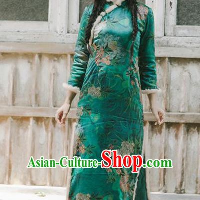 Chinese National Green Qipao Dress Traditional Mink Wool Costumes Tang Suit Cheongsam for Women