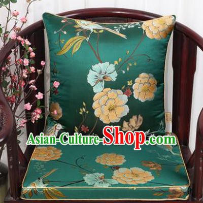 Chinese Classical Household Ornament Flowers and Birds Pattern Green Brocade Back Cushion Cover and Armchair Mat