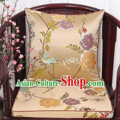 Chinese Classical Household Ornament Flowers and Birds Pattern Golden Brocade Back Cushion Cover and Armchair Mat