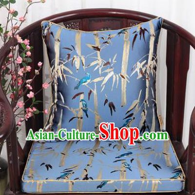 Chinese Classical Household Ornament Bamboo Pattern Light Blue Brocade Back Cushion Cover and Armchair Mat