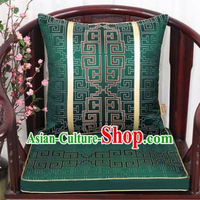 Chinese Classical Household Ornament Lucky Pattern Deep Green Brocade Back Cushion Cover and Armchair Mat