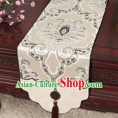 Chinese Classical Household Ornament Jade Pendant Tassel Khaki Brocade Table Flag Traditional Handmade Table Cover Cloth