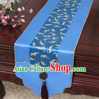 Chinese Classical Household Ornament Jade Pendant Tassel Royalblue Brocade Table Flag Traditional Handmade Table Cover Cloth