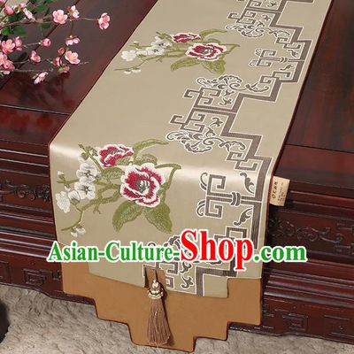 Chinese Classical Household Ornament Khaki Brocade Table Flag Traditional Handmade Jade Pendant Table Cover Cloth