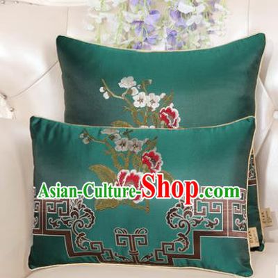 Chinese Classical Household Ornament Embroidered Peony Green Brocade Back Cushion Traditional Handmade Waist Pillow