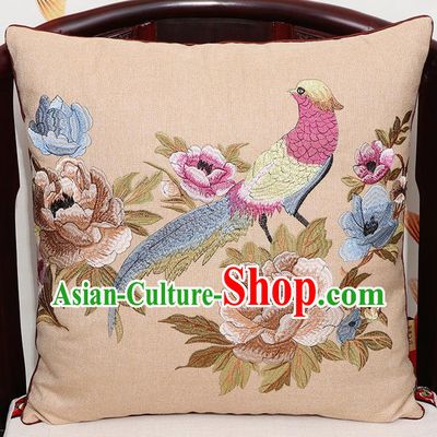 Chinese Classical Household Ornament Embroidered Bird Peony Back Cushion Cover