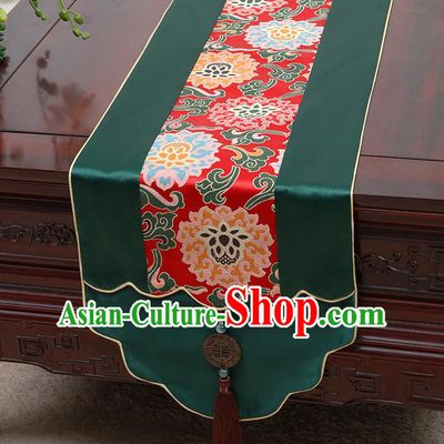 Chinese Traditional Green Brocade Table Cloth Classical Lotus Pattern Household Ornament Table Flag