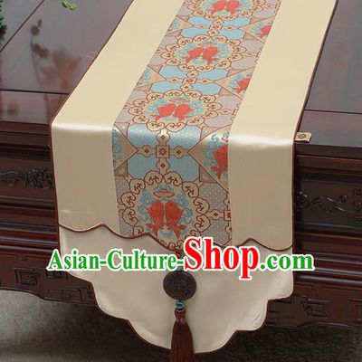 Chinese Traditional Beige Brocade Table Cloth Classical Fishes Pattern Satin Household Ornament Table Flag