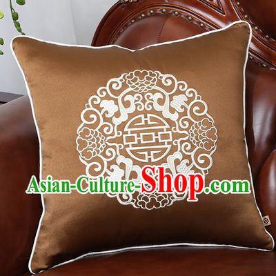 Chinese Traditional Embroidered Brown Brocade Back Cushion Cover Classical Household Ornament