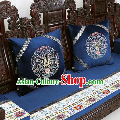Chinese Traditional Embroidered Lotus Navy Brocade Back Cushion Cover Classical Household Ornament