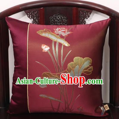 Chinese Traditional Lotus Pattern Wine Red Brocade Back Cushion Cover Classical Household Ornament