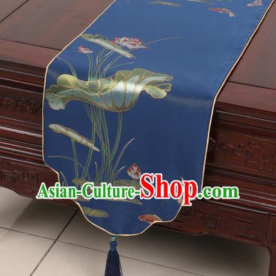 Chinese Traditional Lotus Pattern Blue Brocade Table Cloth Classical Satin Household Ornament Table Flag